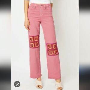 Judy Blue NWT Pink Crochet Patchwork Women High Rise Wide Leg Jeans Sz 16W